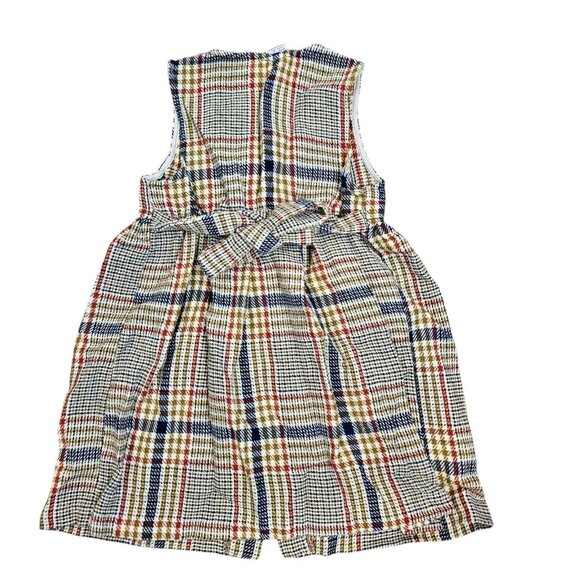 Vintage 70s 2T 3T Plaid Pinafore Dress Long Maxi Button Up Tan Navy Red‎ Gold - Picture 2 of 10